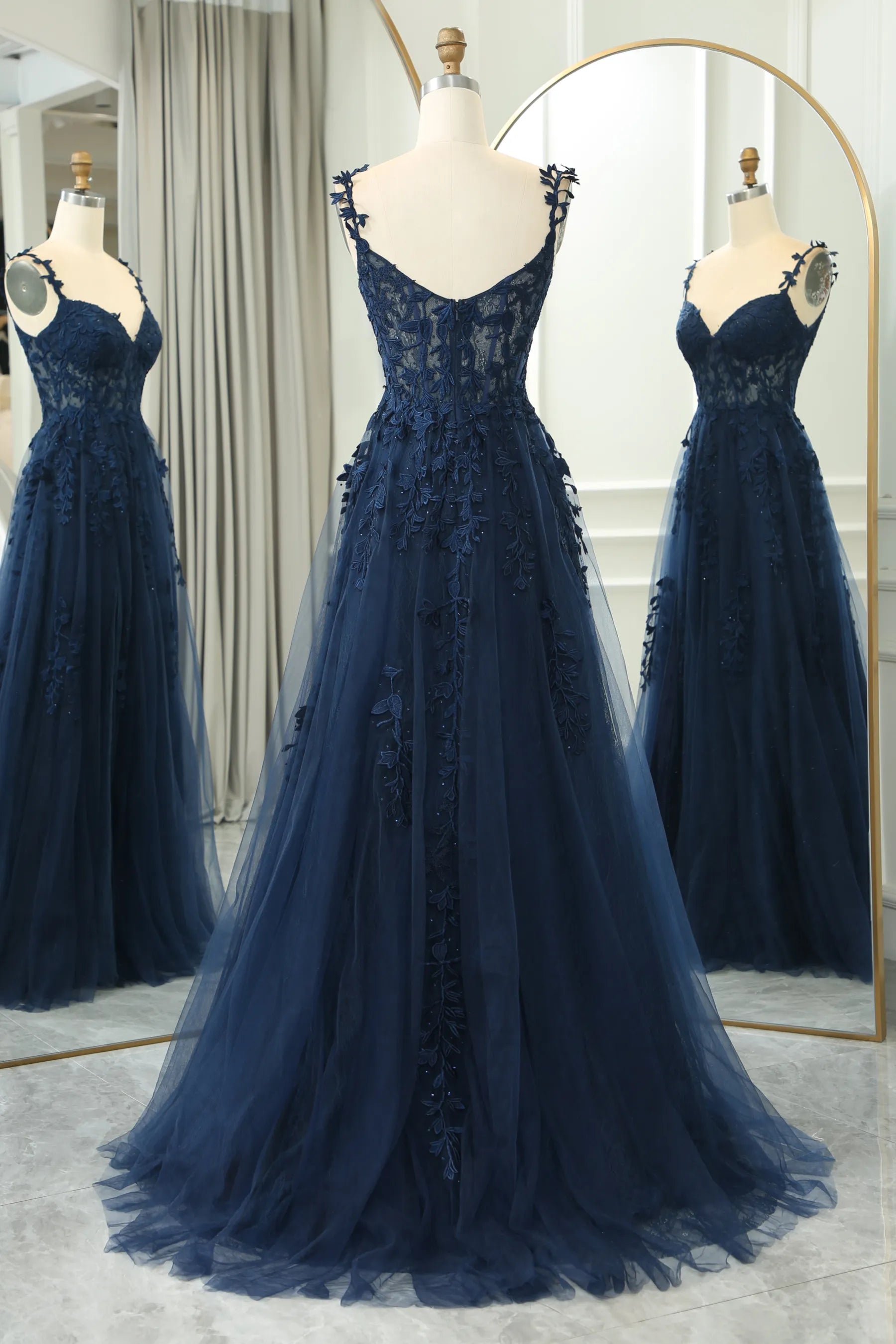 Wholesale Navy A-Line Spaghetti Straps Zipper Back Long Prom Dress With Appliques prom dresses with long sleeves